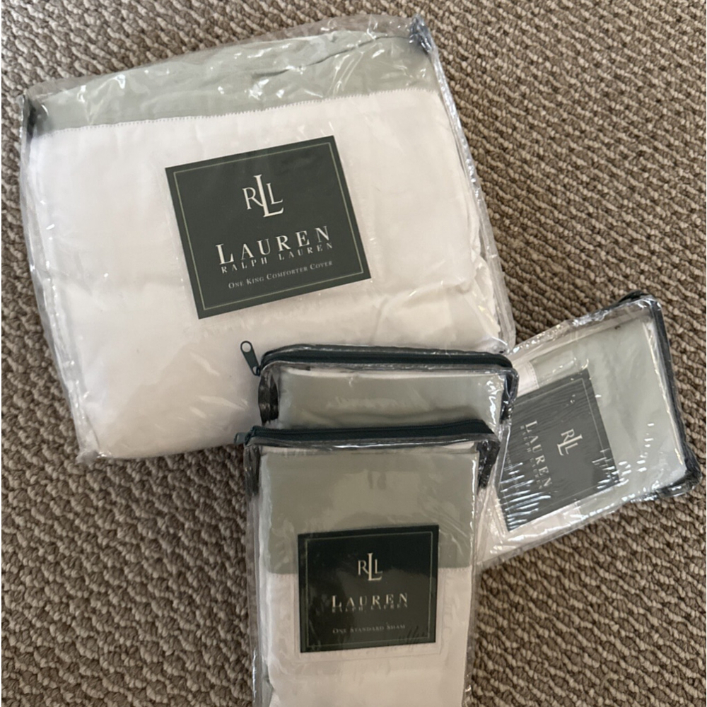 RALPH LAUREN WENTWORTH CUFF EUCALYPTUS King Duvet & 3 STD Pillow Shams Vintage